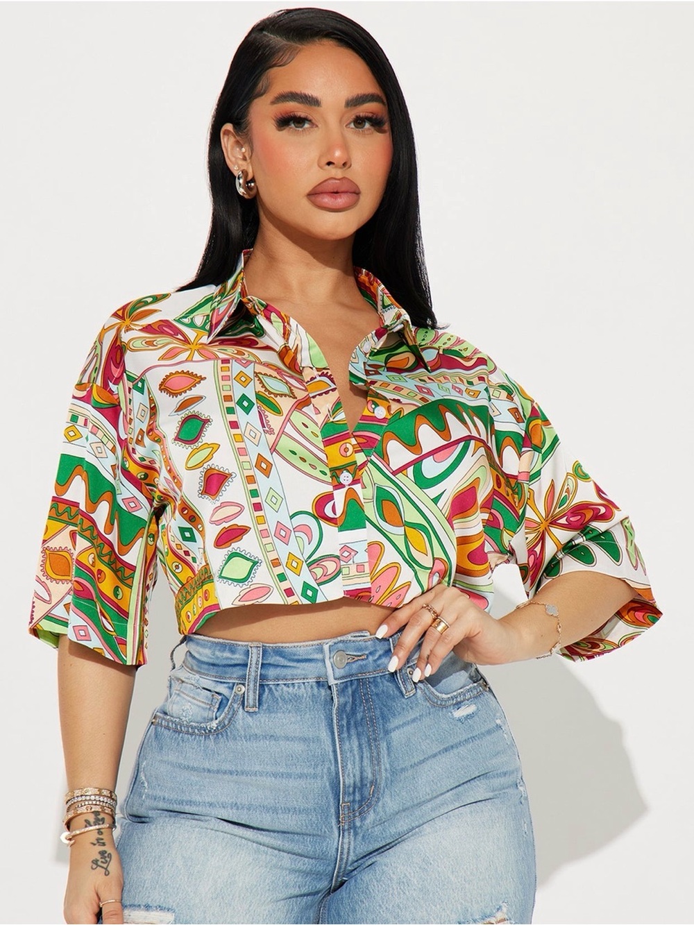 Cropped Button-Down Print Shirt - Multicolor